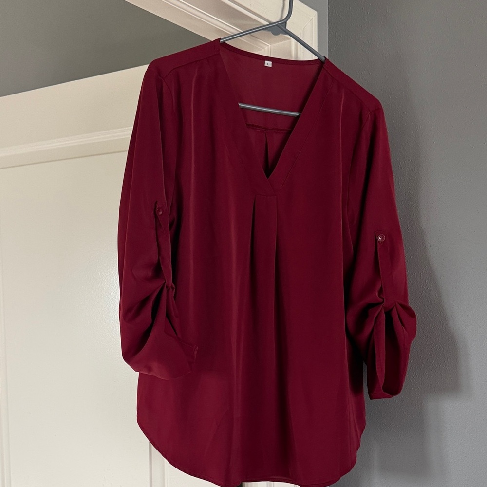 Amazon Women's Wine V-Neck Roll-Tab Sleeve Blouse